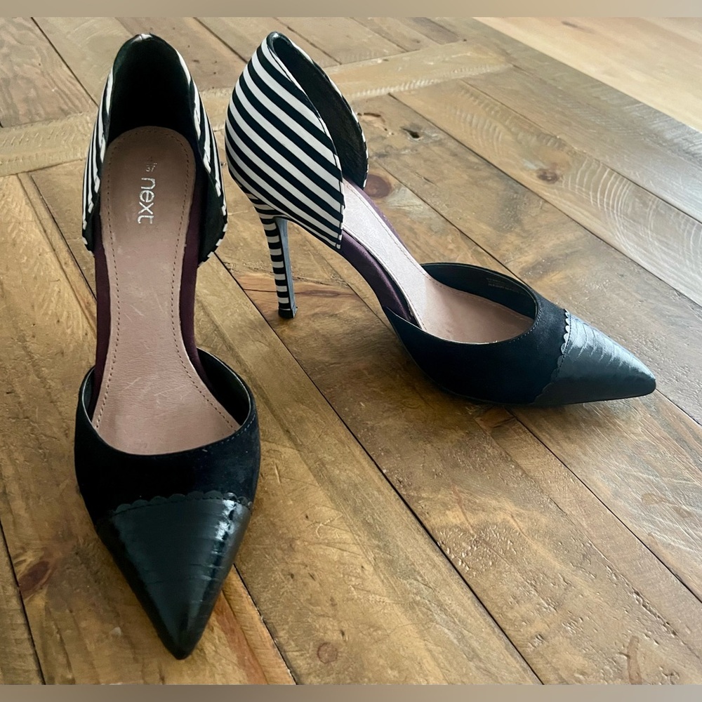 🇬🇧NEXT Y2K Black Stiletto Heels | D’Orsay Style | Striped Heel US 6.5